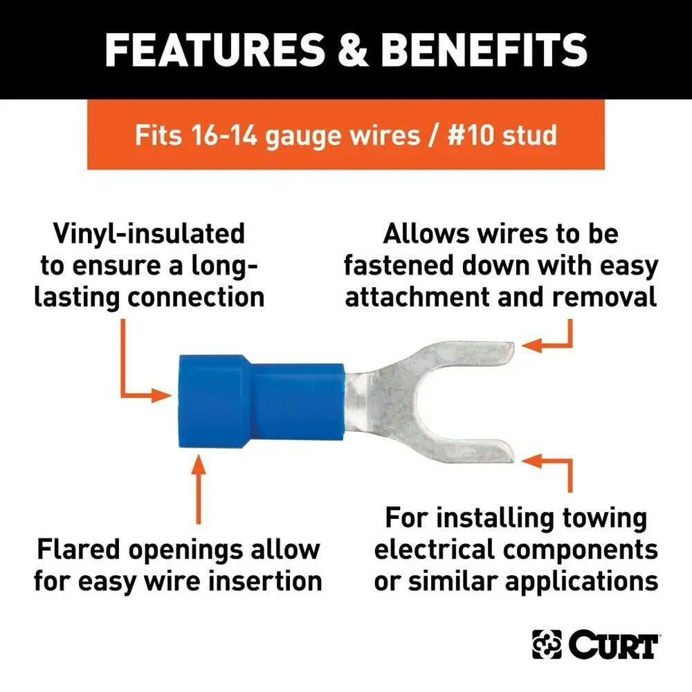 CURT 59621 16-14 Guage #10 Stud Size Spade Terminals, Blue, 100-pk
