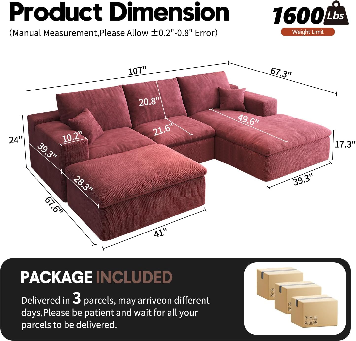107'' U-Shaped Modern Modular Sectional Cloud Couch Whit Ottoman, 4-Seat Chenille Deep-Seat Sofa with Pillow for Living Room, Bedroom, Apartment, Wine Red
