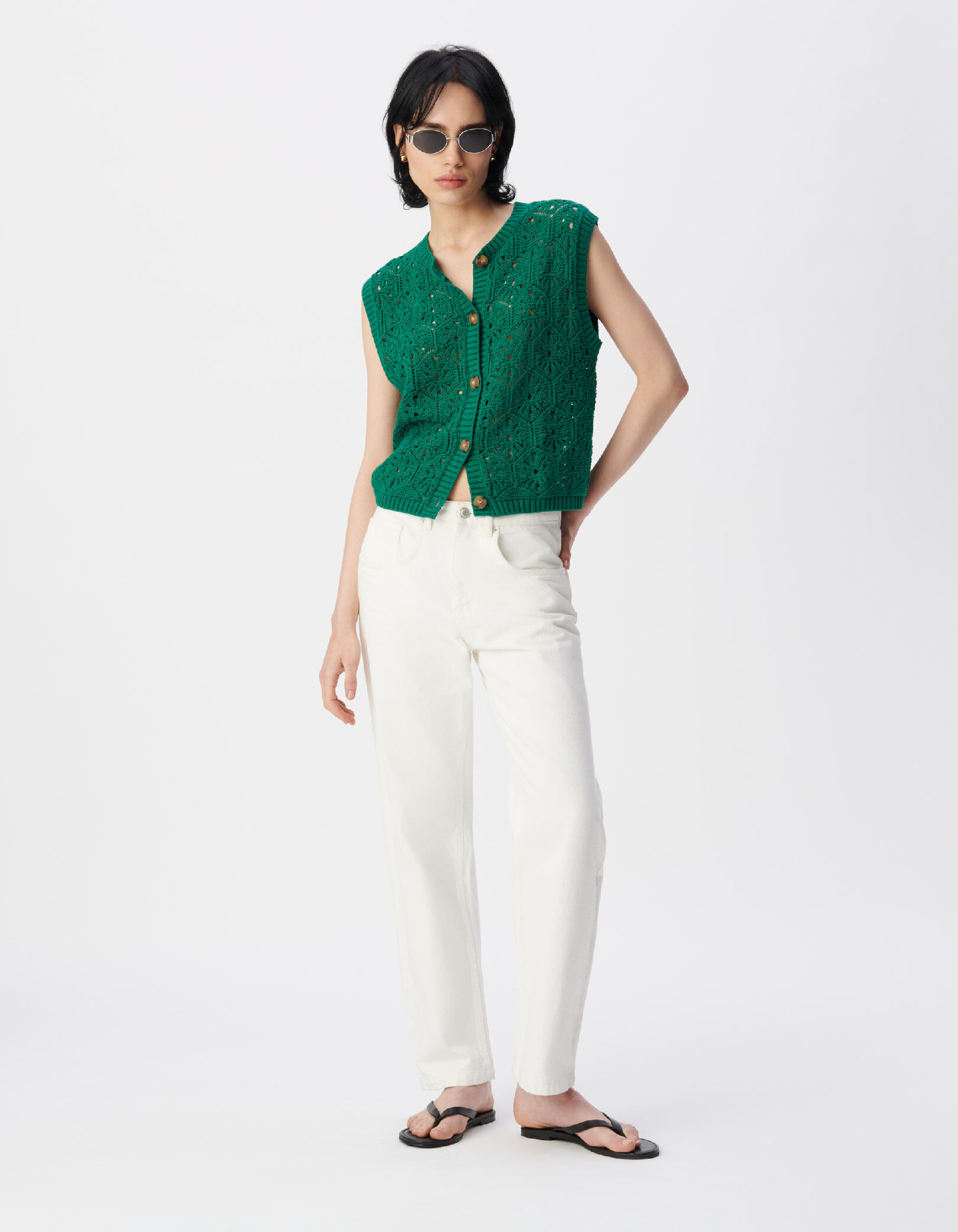 Cardigan sans manches vert tricot ajouré Femme