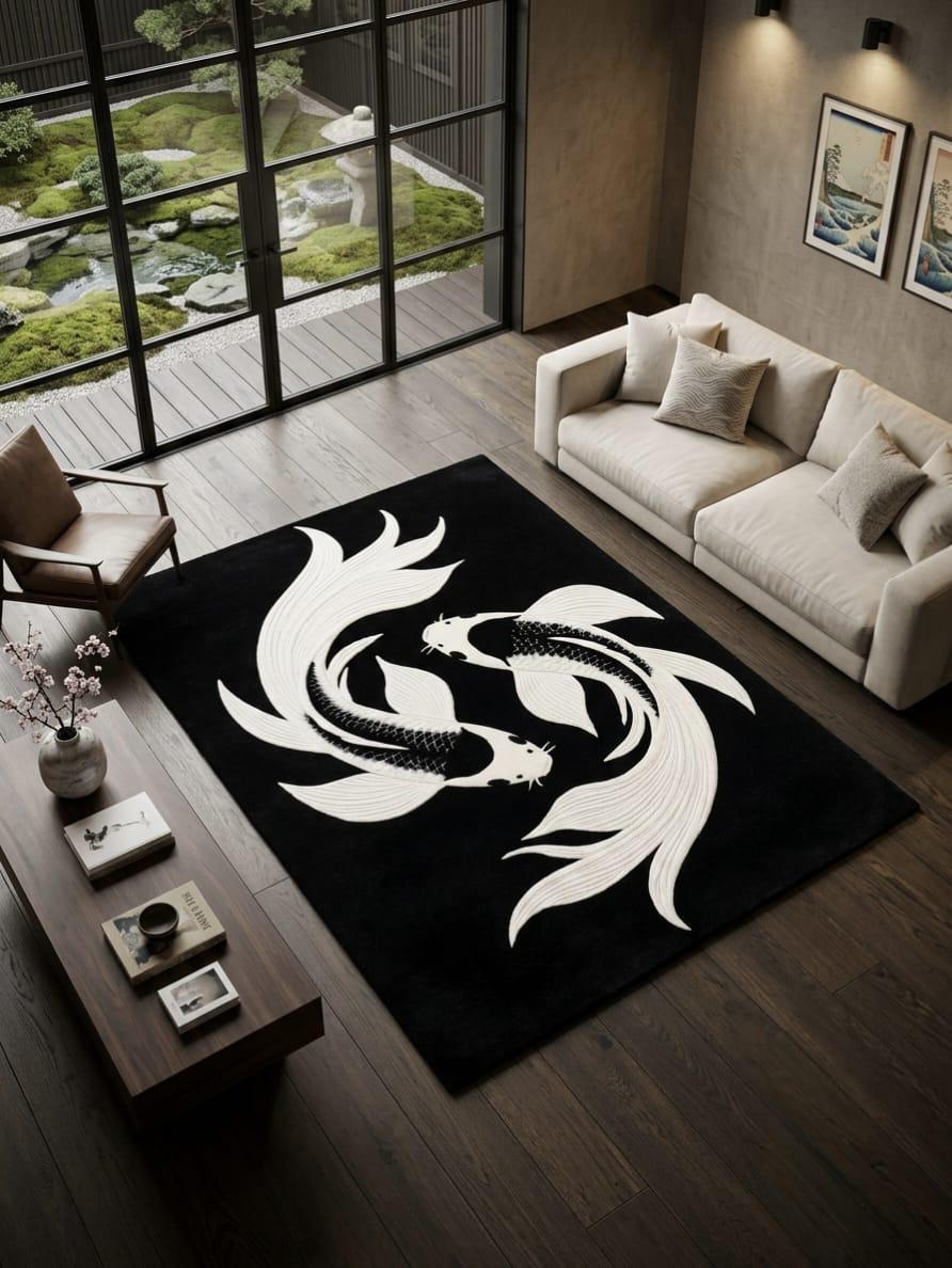 Black and White Koi Fish Rug, Hand Tufted Wool Japanese Zen Area Carpet, For Living Room 5x7 6x9 8x10 12x14