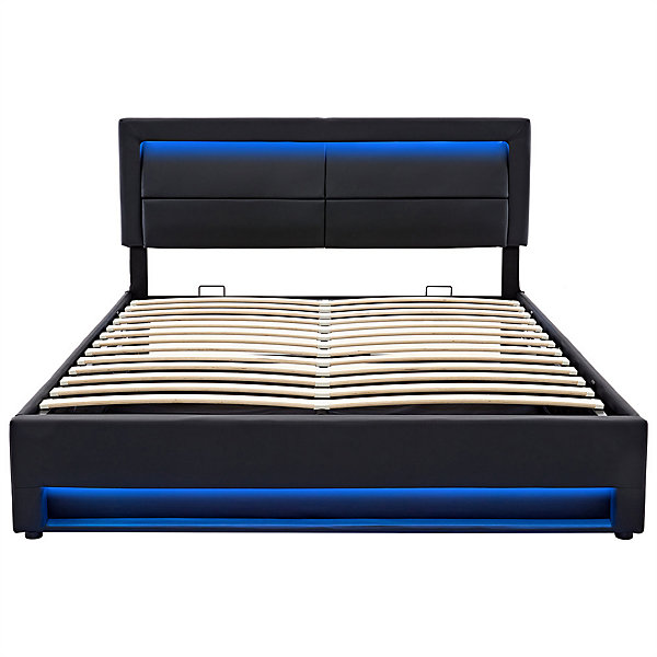 Lit rembourré hydraulique lit coffre lit 140x200 cm lit de rangement lit connexion usb lit eclairage led lit double pu noir