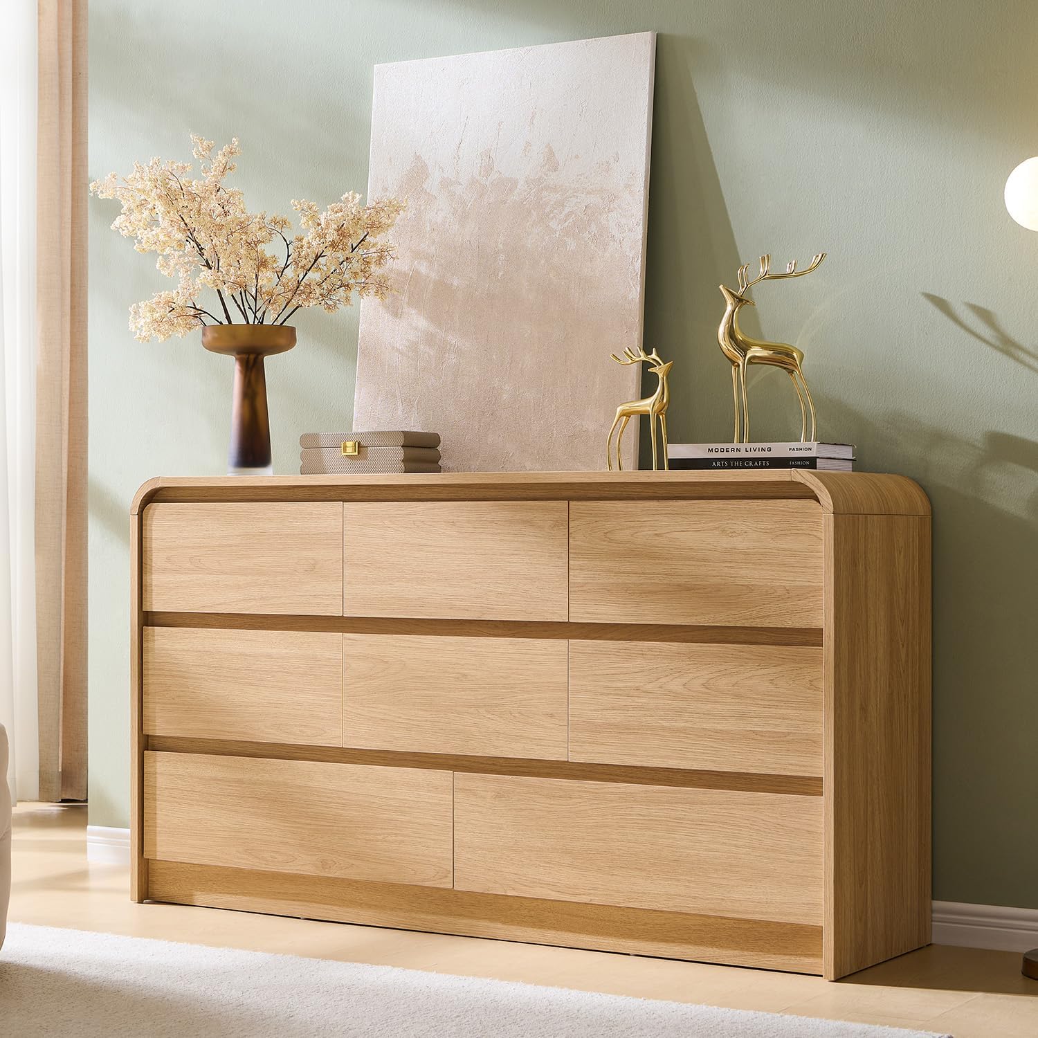 Modern 8 Drawers Dresser for Bedroom, 55 Wide Dressers & Chest of Drawers w/Curved Profile Design, Wood Mid Century Storage Dressers Organizer for Bedroom, Living Room, Natural Oak