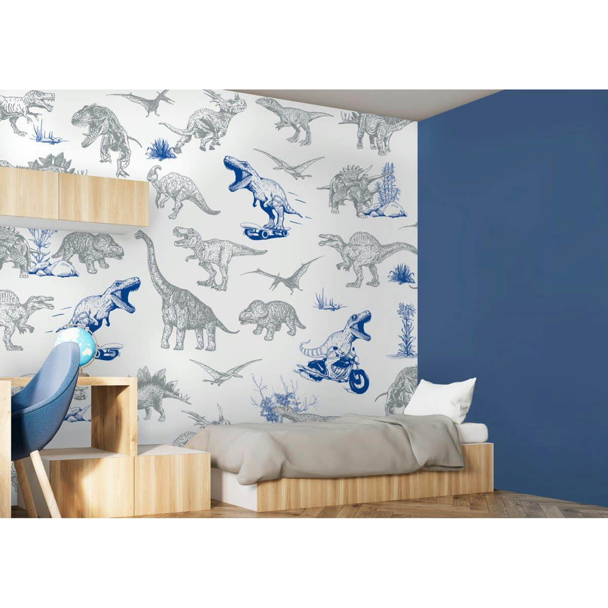 DINO FUN - Papier peint panoramique motif imprimé Bleu 288x270cm