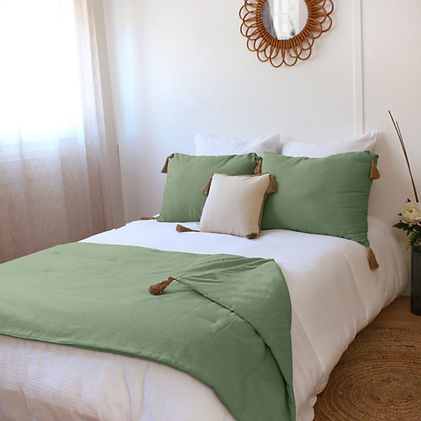 Edredon Panama avec pompons en jute (90x190 cm - Vert)