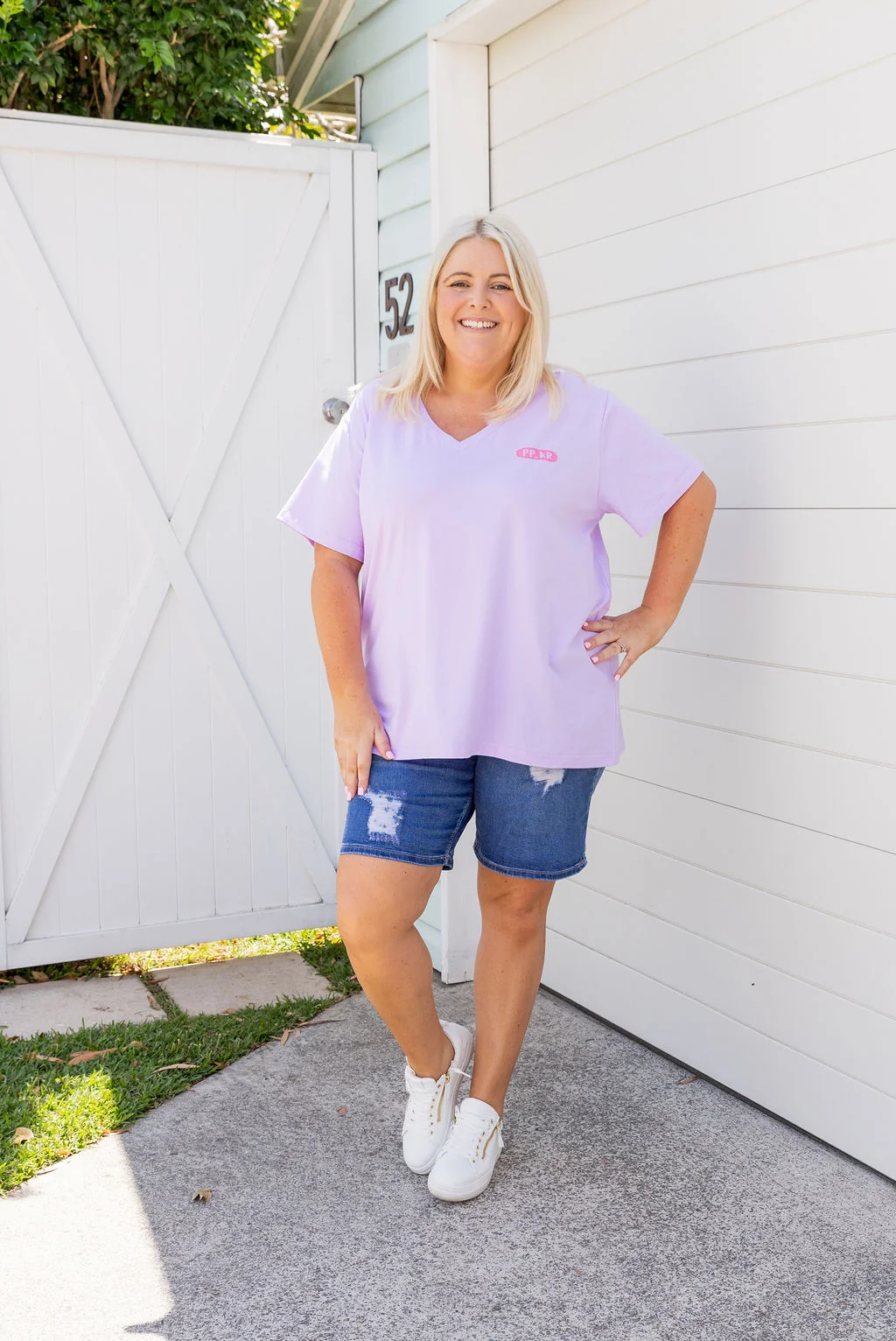 Della Relaxed V-Tee in Be Okay Lilac by Kasey Rainbow