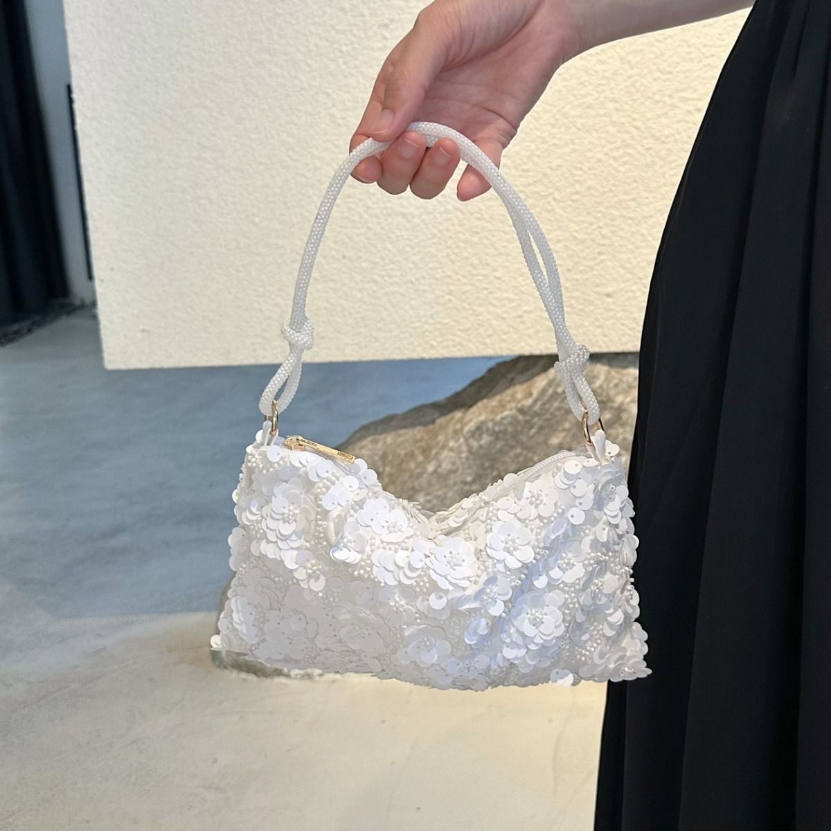 PEACH ACCESSORIES Beaded Floral Sequin Evening Bag in Ivory