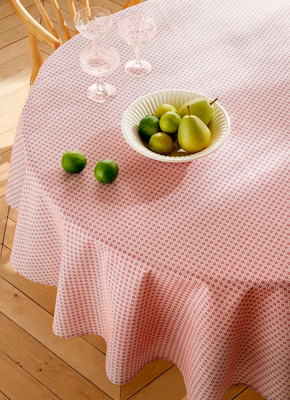 NAPPE RONDE EN COTON ENDUIT MOTIF FANTAISIE BLANC/ROUGE