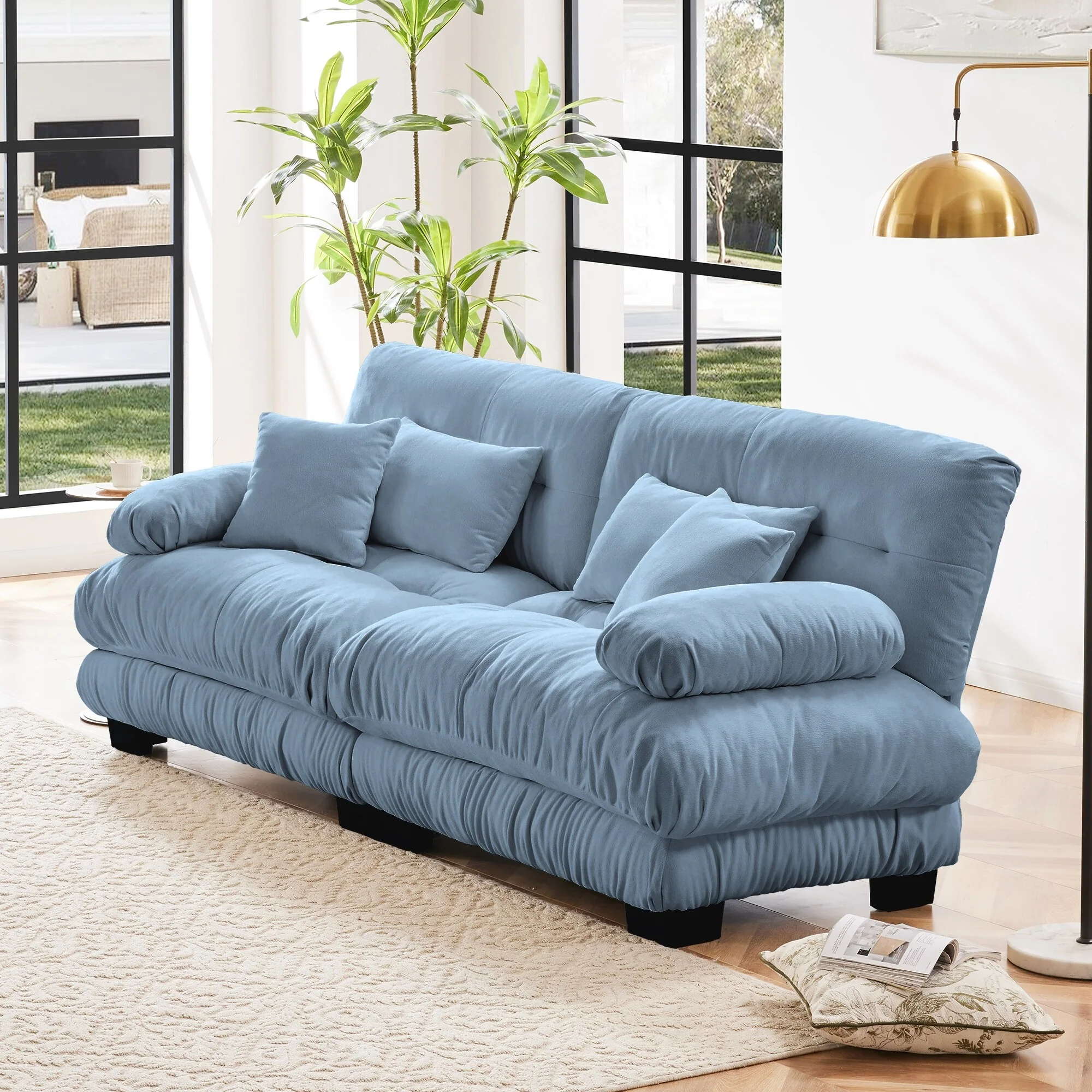 Cloud Couch 2 Seater Sofa for Living Room, Chenille 2 - Seat sofa with 2 Lumbar pillows and 2 throw pillows,Chenille Blue