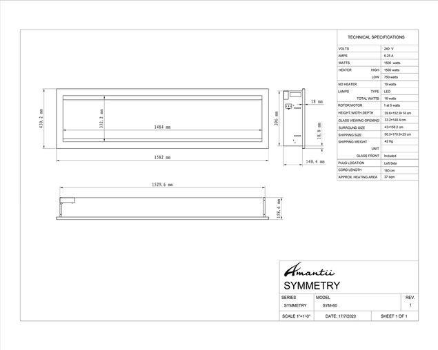 Amantii Smart 60" Clean face Electric Built-in with log and glass, black steel surround