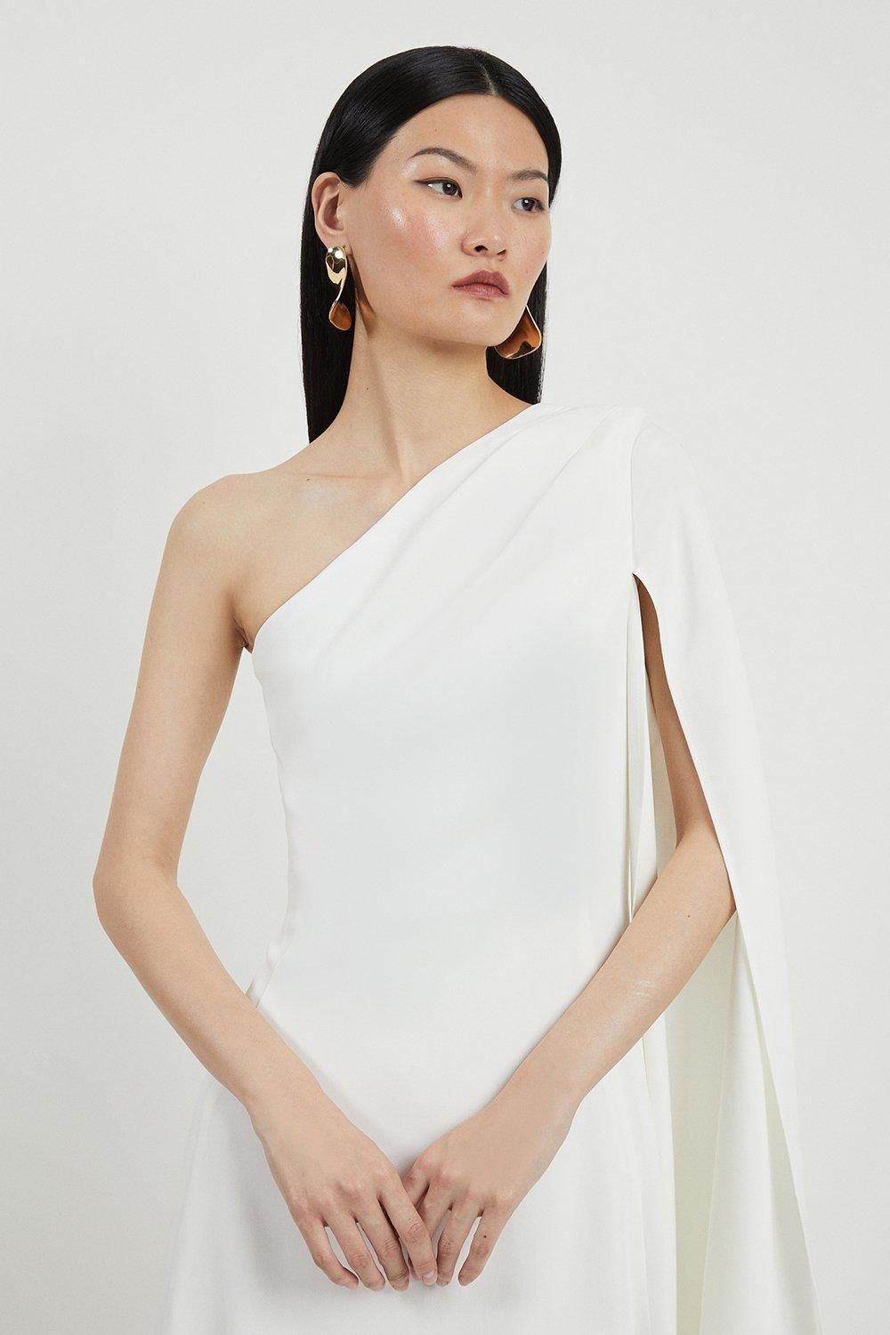 KarenMillen Satin Back Crepe One Shoulder Drape Sleeve Maxi Dress