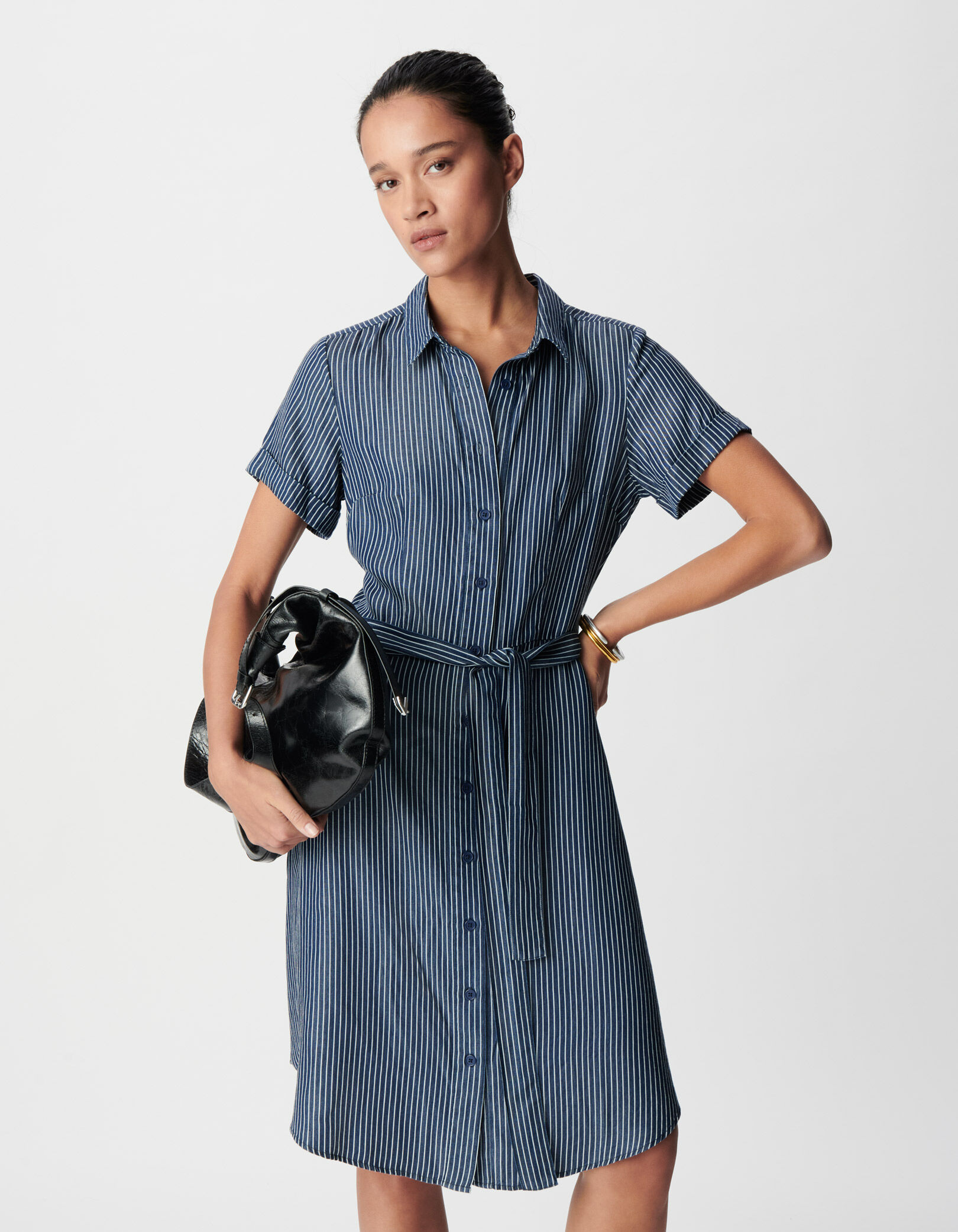Robe chemise marine fines rayures blanches Femme