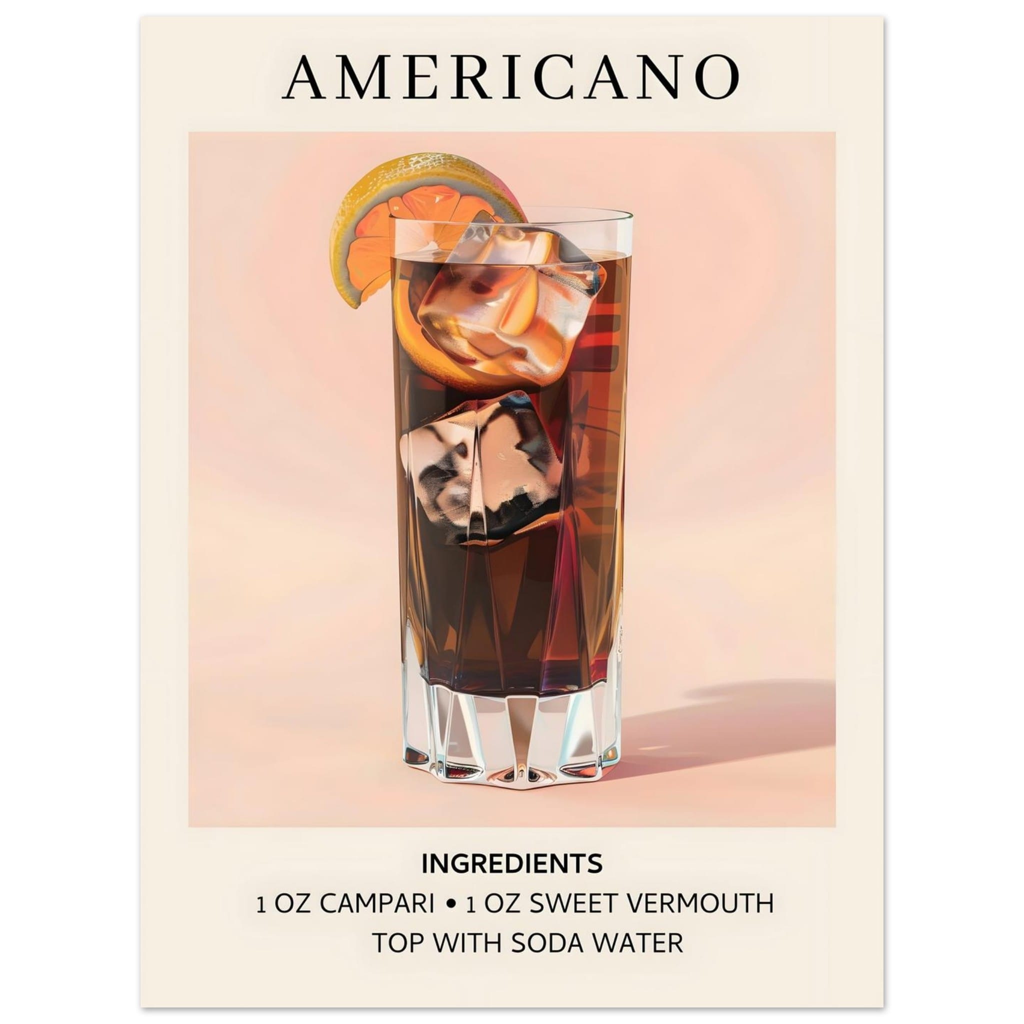 Artfulprints Poster Americano cocktail - Ingrediënten  - 30x40 cm - Roze