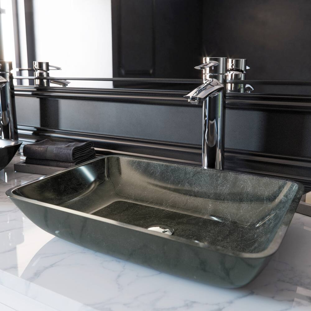 VIGO Glass Rectangular Vessel Bathroom Sink/Basin, Grey Onyx