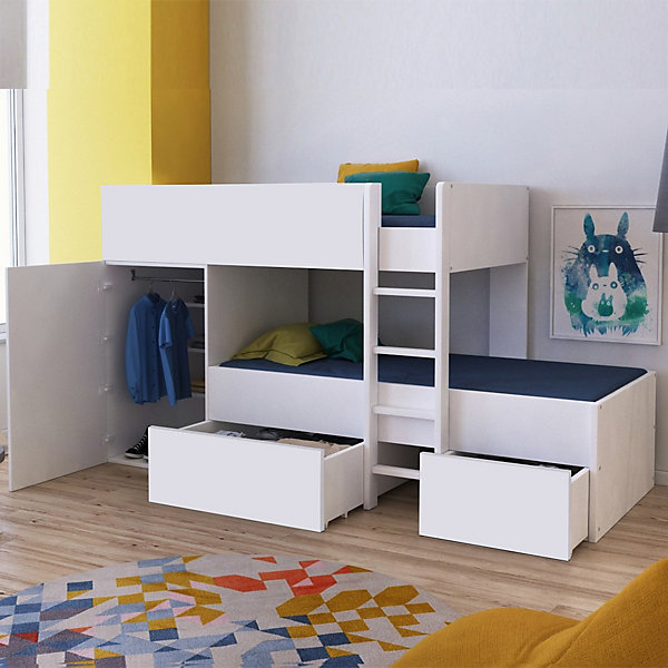 Lit superposé TWIN 90x190 avec armoire et tiroirs   2 sommiers / Blanc