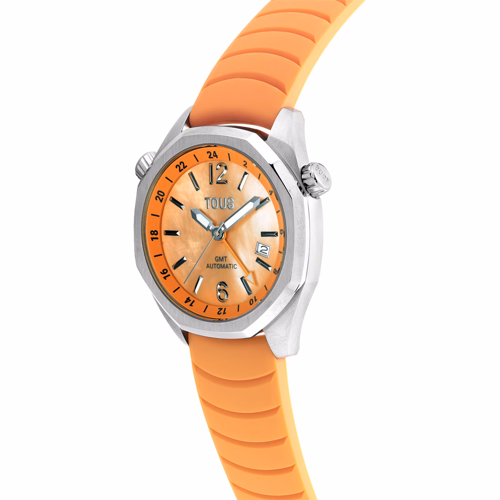 Reloj gmt automático con correa de silicona color salmón, caja de acero y esfera de nácar TOUS Now
