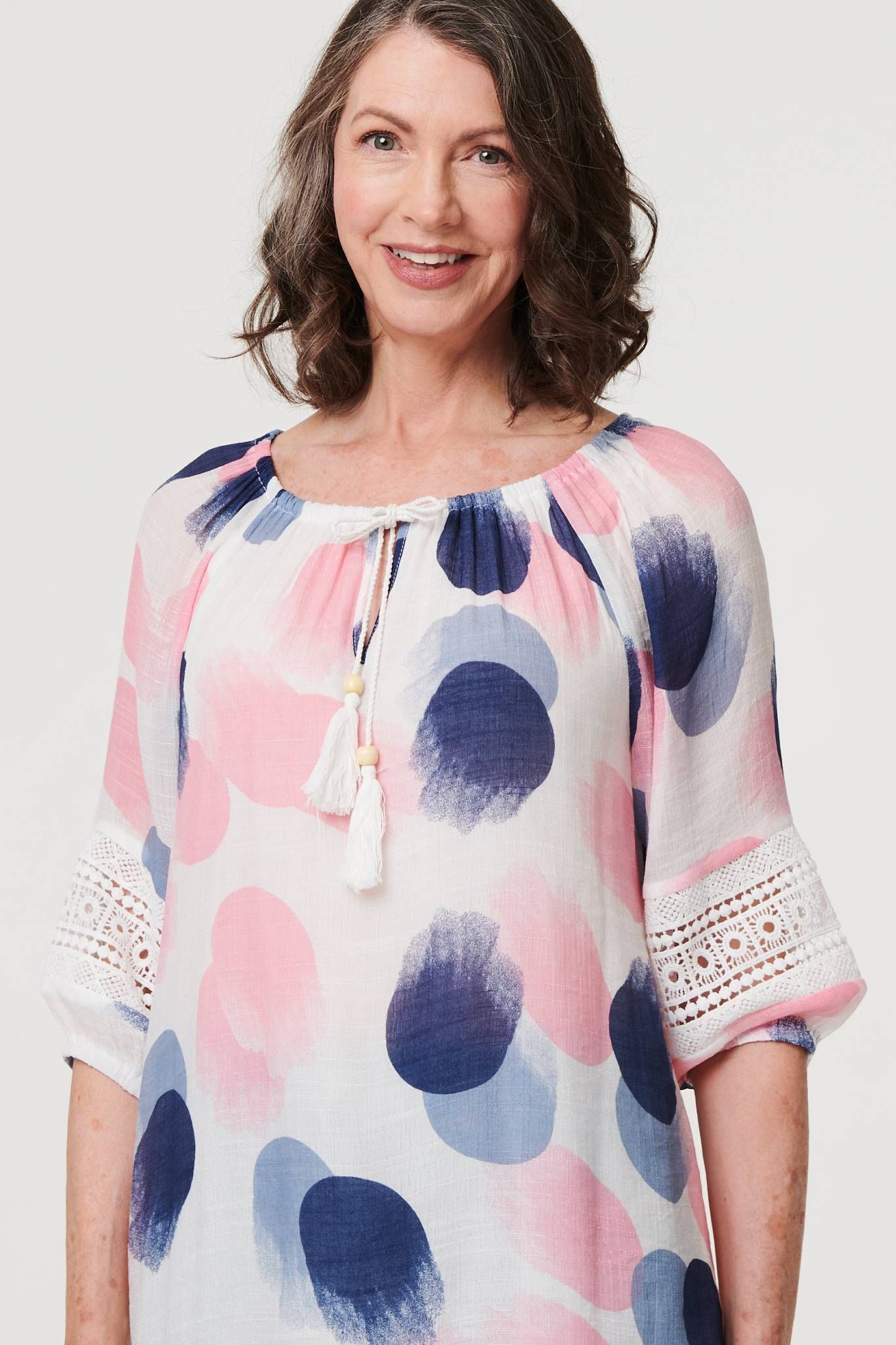 Izabel London Printed Lace Trim Tassel Front Blouse