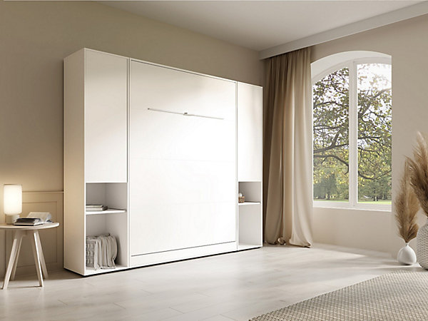 Lit escamotable vertical 160 x 200 cm - 2 colonnes de rangement - Avec LEDs - Blanc   Matelas - RAPILI