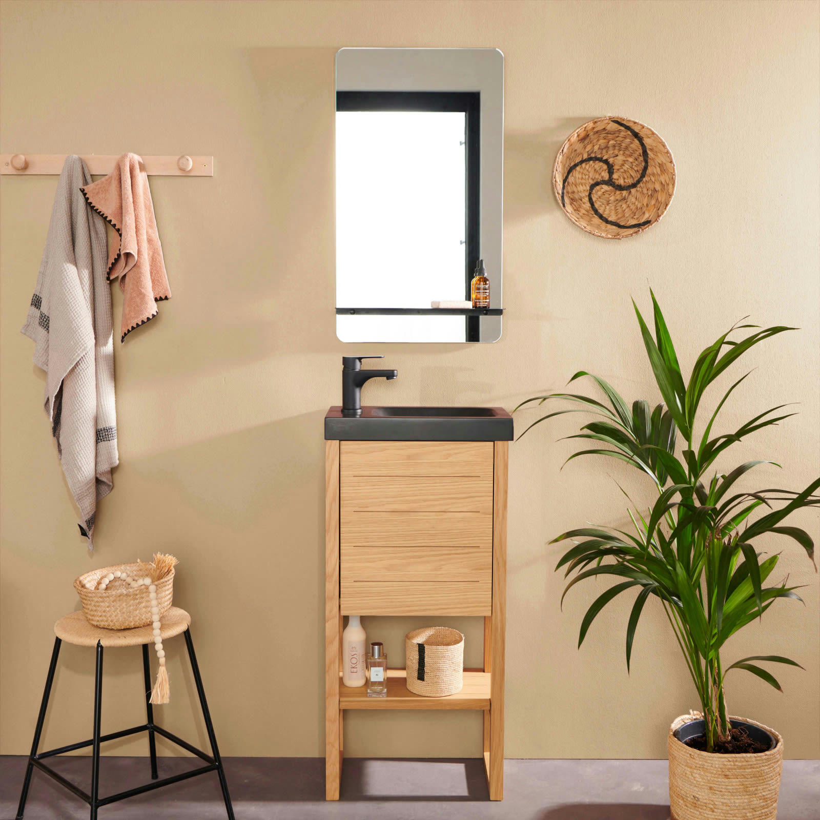 ATOLL - Meuble lave-mains  avec vasque noire + miroir