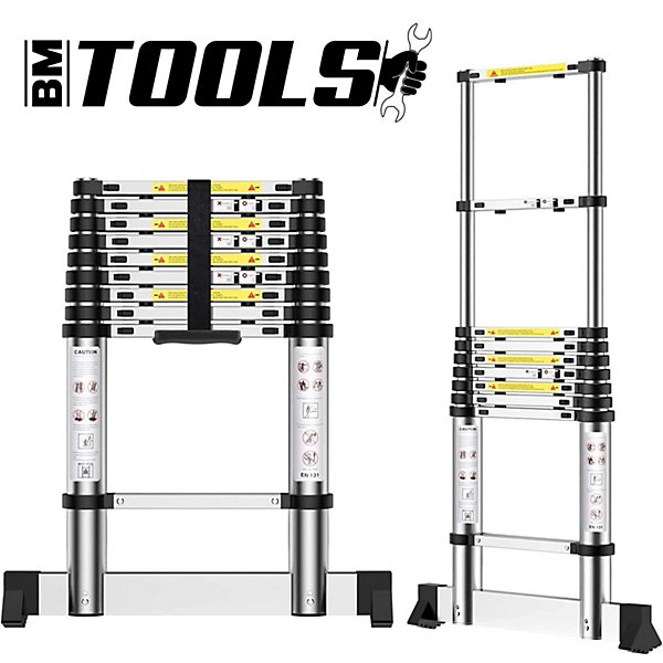 échelle Télescopique BM TOOLS2,6M en ALU avec stabilisateur - Charge 150kg Pliable Extensible Unique Droite Multi-fonction
