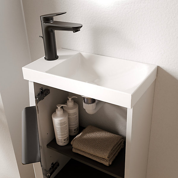 Meuble vasque Blanc mat strié de salle de bain 40x22x55cm (LxPxH)   vasque céramique, Poignée Noir mat - TIM40