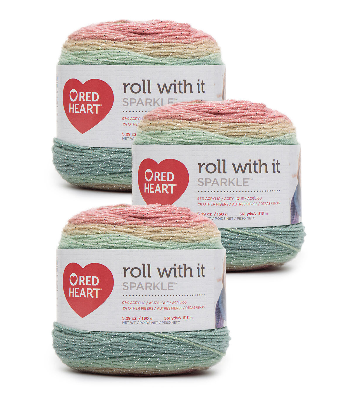 Red Heart Roll With It Sparkle 561yds Worsted Acrylic Yarn 3 Bundle