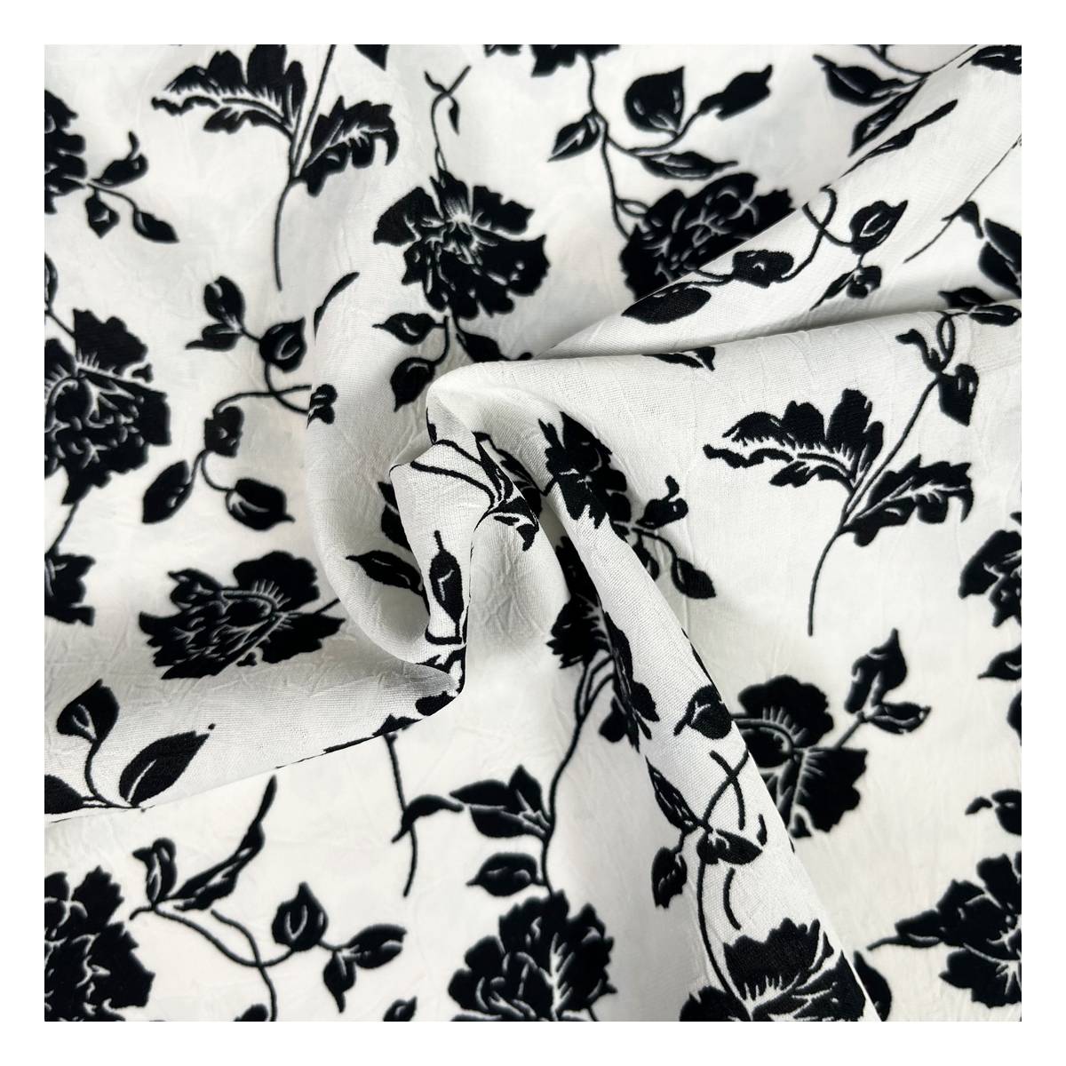 Black Floral on White Crinkle Print Fabric by the Metre