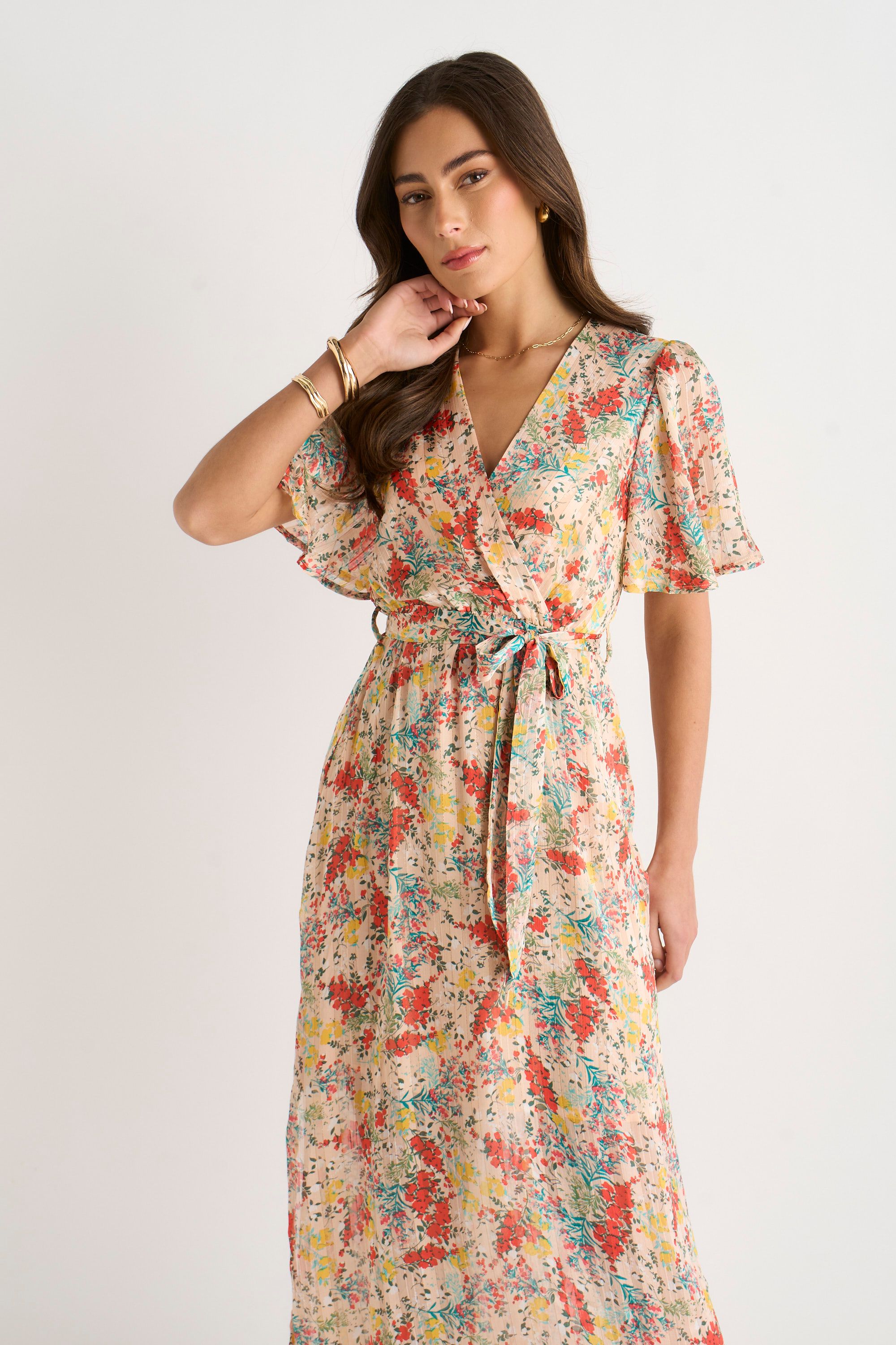 Gini London Multi Floral Jacquard Chiffon Midi Dress