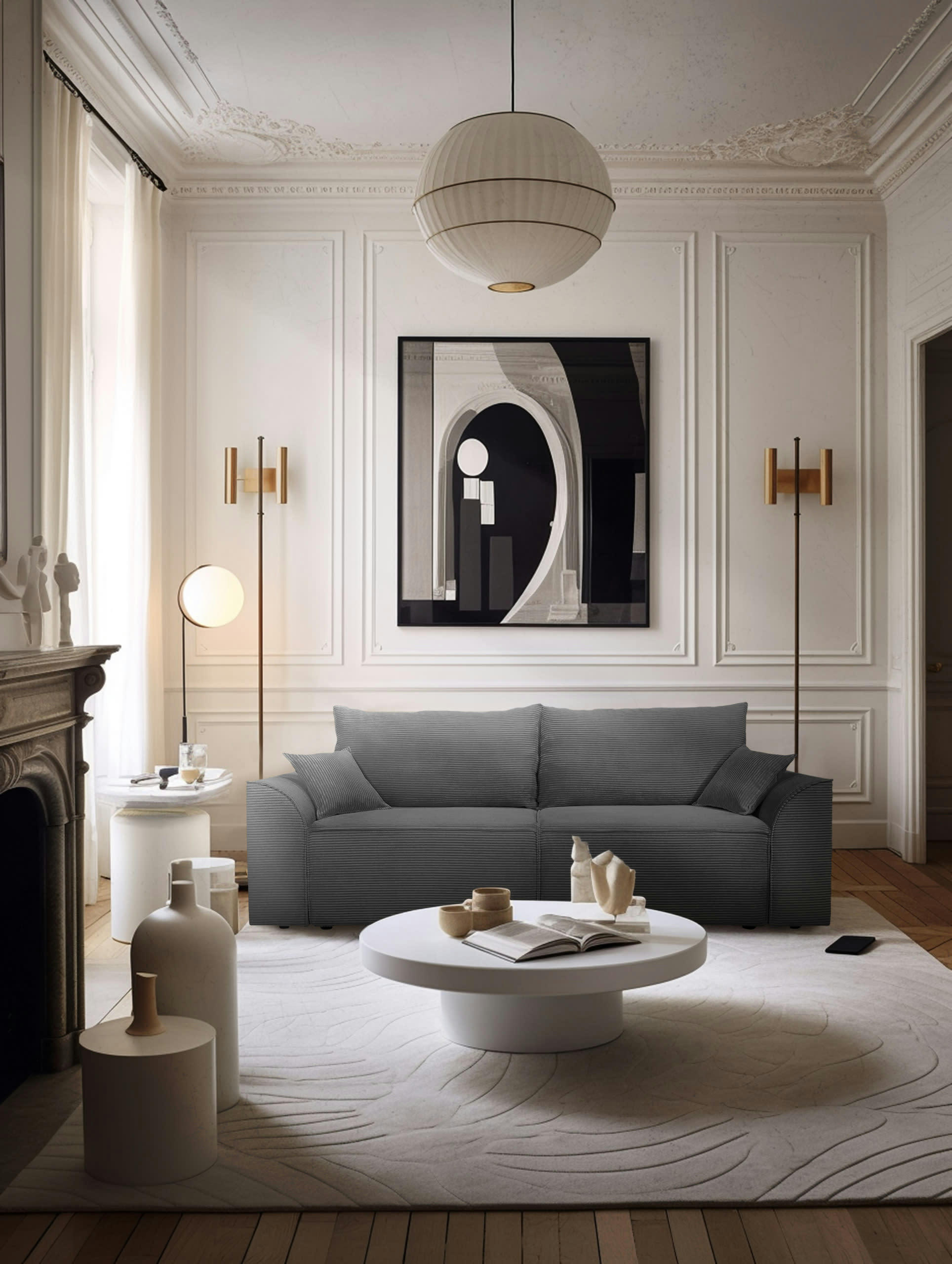 VARENNE - Canapé droit convertible 3 places en velours côtelé gris souris