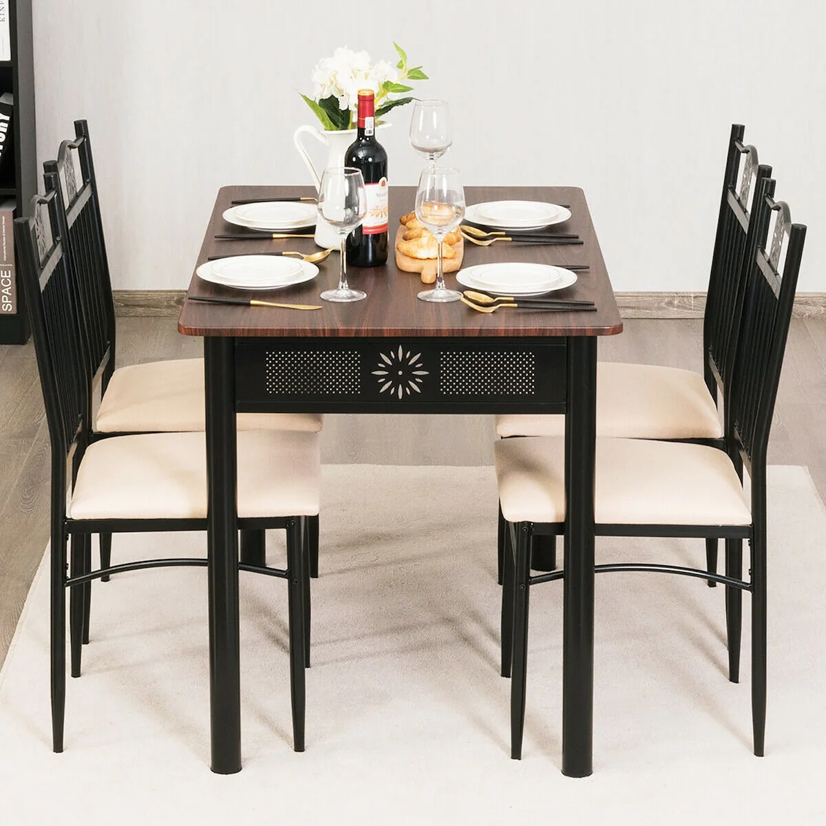 5 Piece Dining Set Wood Metal Table and 4 Chairs Kitchen Breakfast Furniture