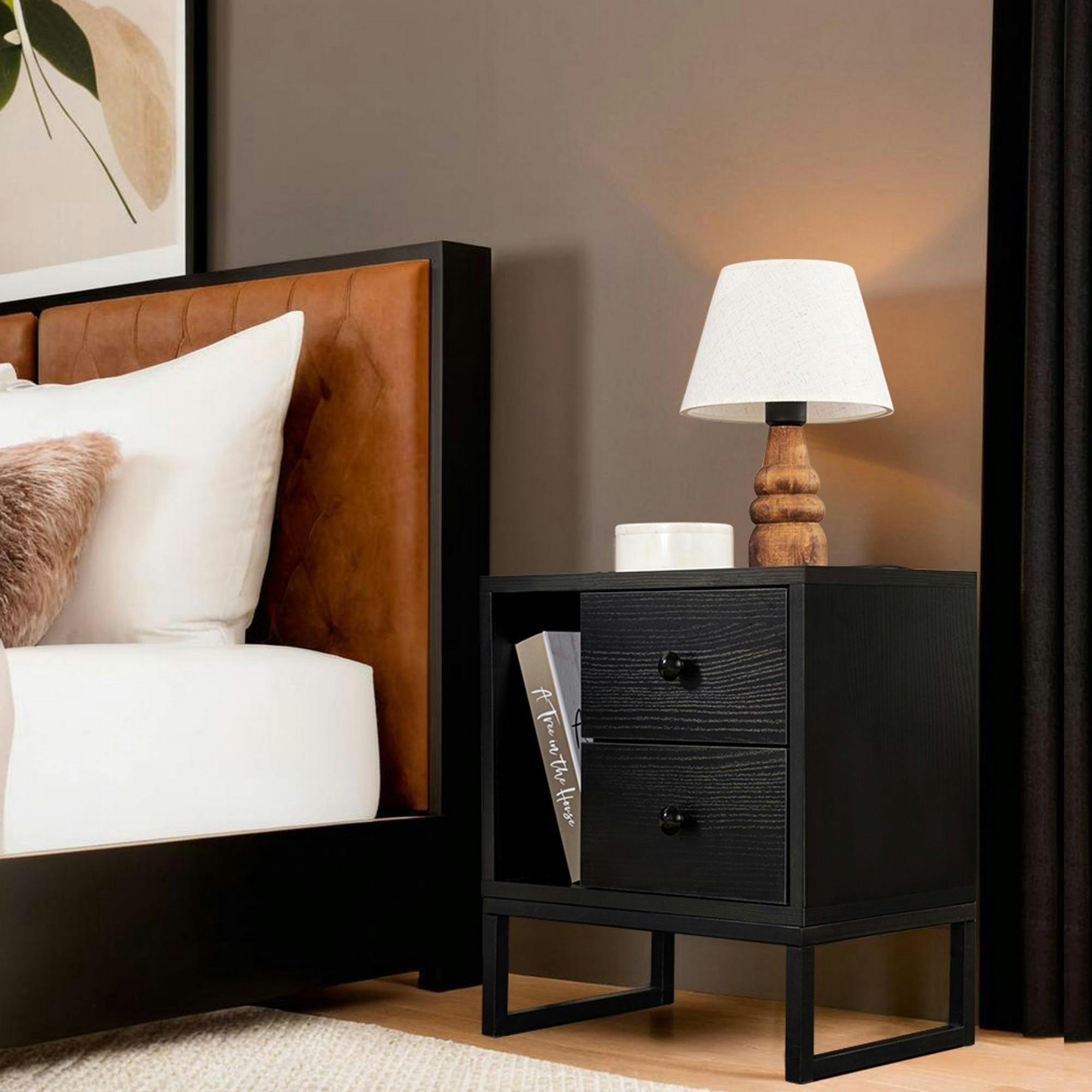 Table de nuit noire effet bois - 2 tiroirs, 1 niche JENA