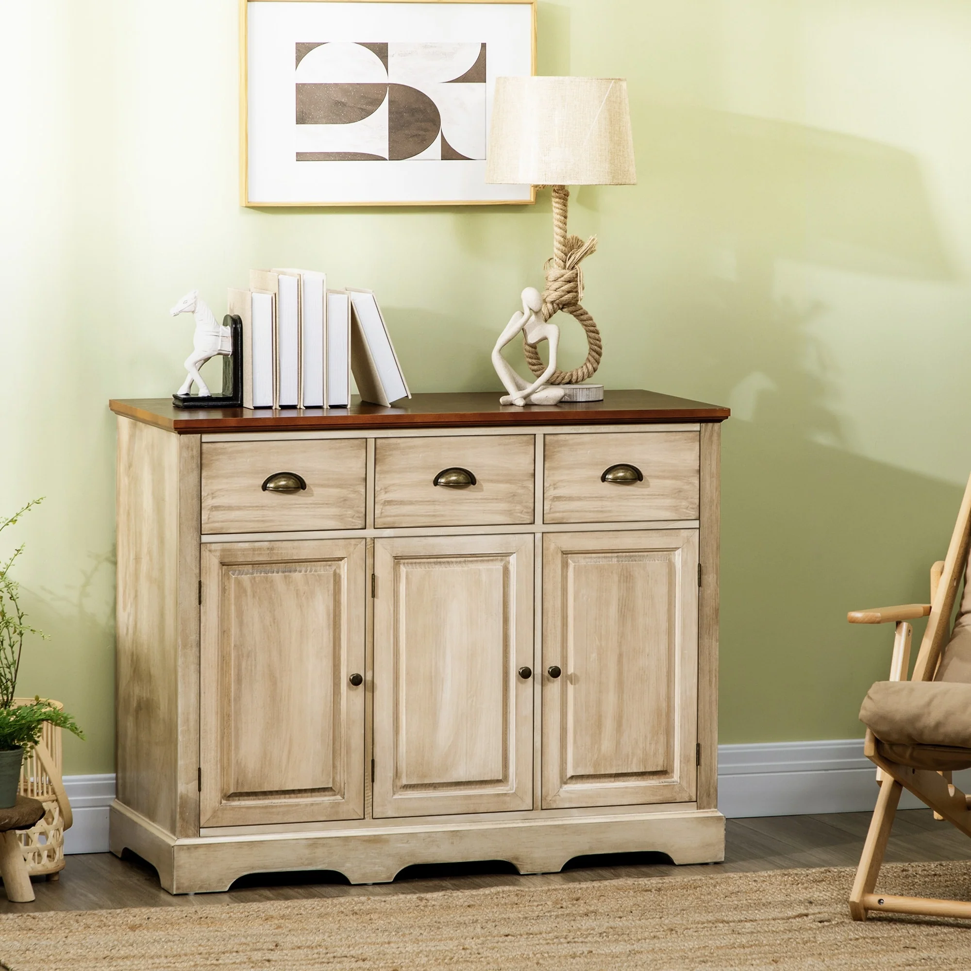 Industrial Buffet Cabinet, Kitchen Sideboard Storage with 3 Drawers, 3 Door Cabinets and Adjustable Shelf for Living Room