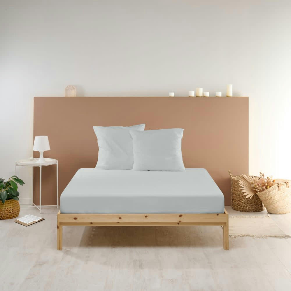 - Drap Housse uni en percale de coton gris clair 140x190cm