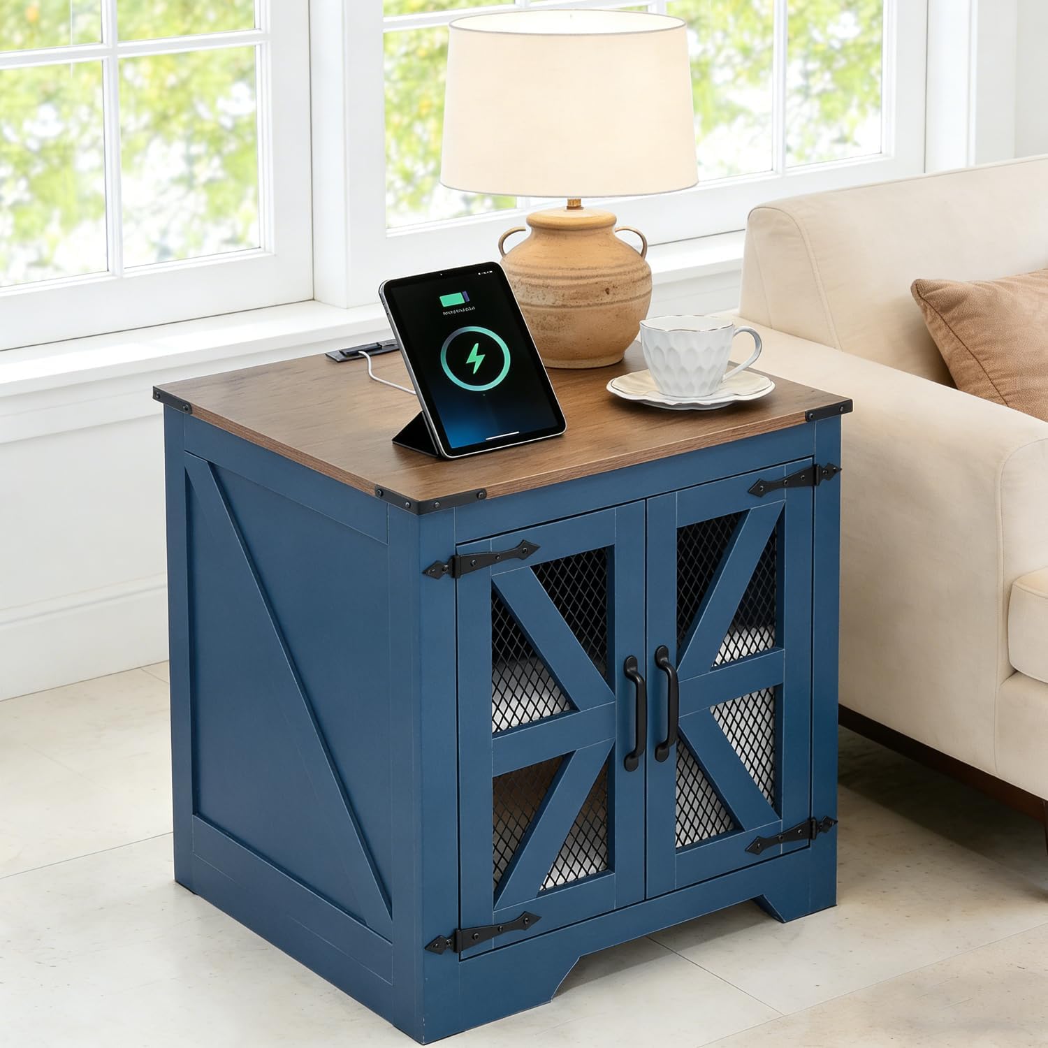 24 Farmhouse End Table Set of 2 with Charging Station and Mesh Barn Door, Rustic Wood Nightstand with Storage Shelf for Living Room & Bedroom, Navy Blue