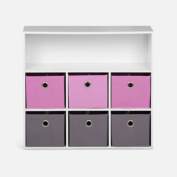 Meuble de rangement pour enfant. blanc - Camille - avec 7 compartiments et 6 paniers gris et roses