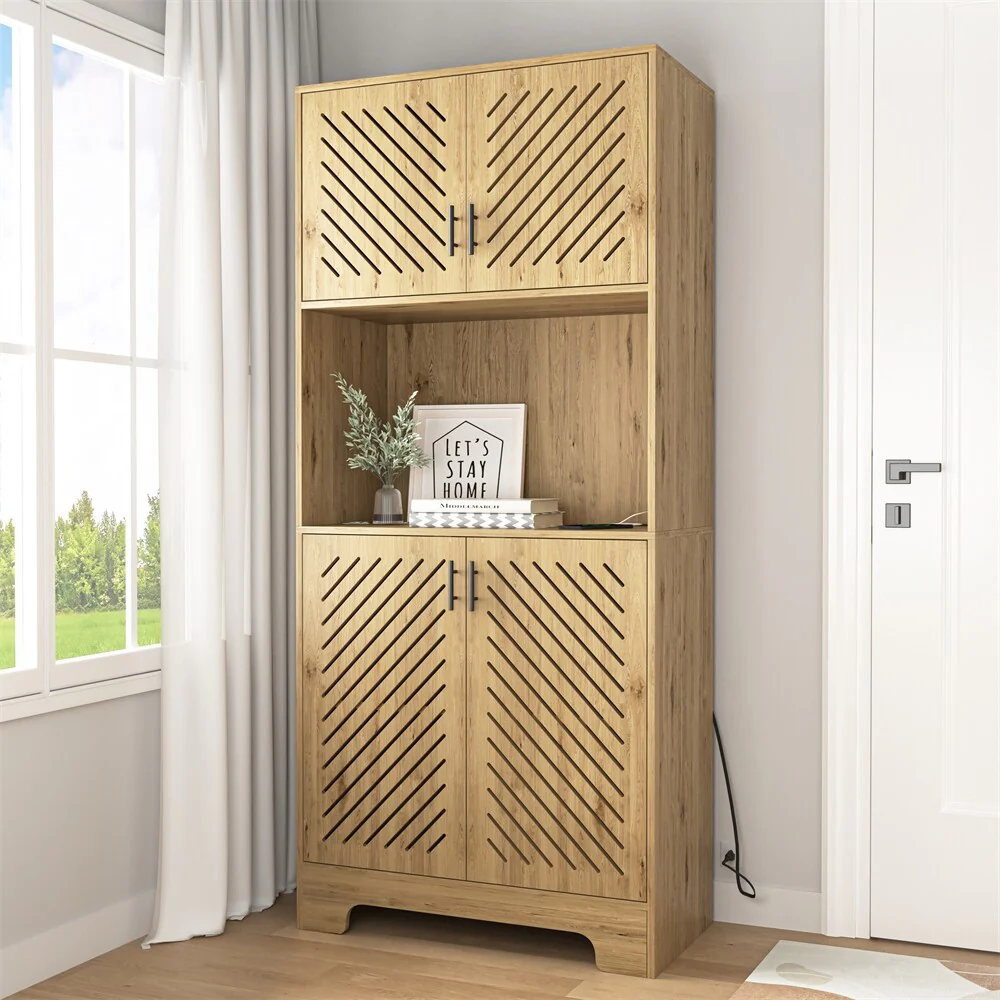 Farmhouse Kitchen Pantry Cabinet w/ Drawers & Shelves, Microwave Stand