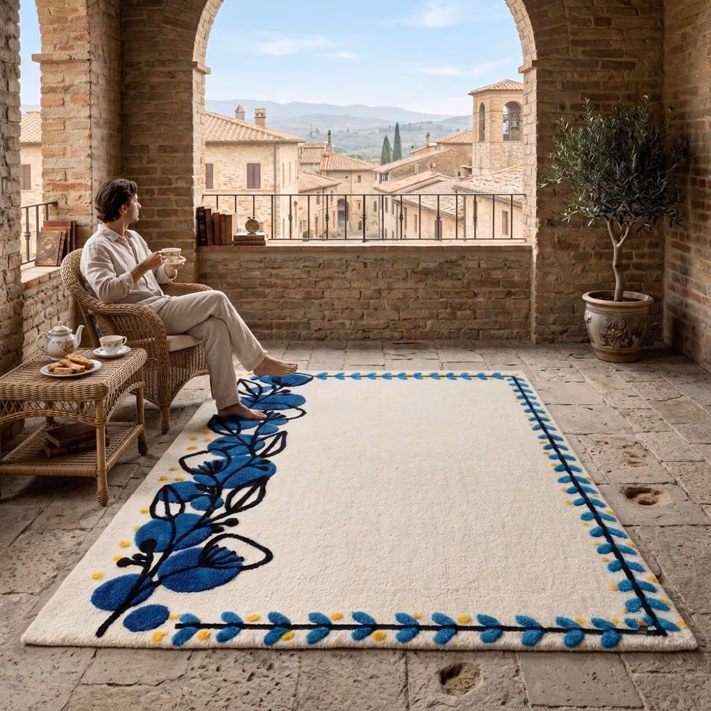 Blue Botanical Rug, Hand Tufted Floral Carpet, Cream Rectangular Accent, Nature Inspired Leaf Border, Modern Home Decor