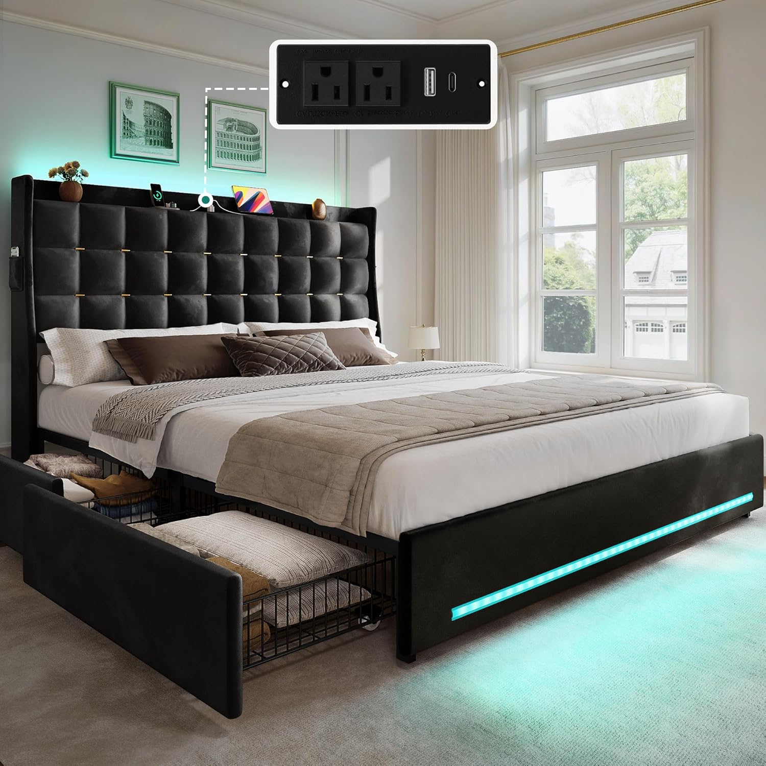 YITAHOME Queen Size Bed Frame with 4 Drawers and RGB LED Lights, Velvet Upholstered Platform Bed with Charging Station and Storage Headboard, No Box Spring Needed, Easy Assembly, Black
