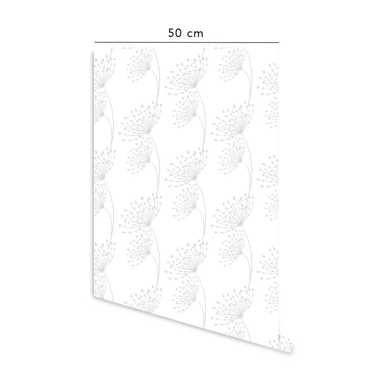 DANDELIONS - Papier peint vinyle adhésif dents-de-lion girs cendré 50x300 cm
