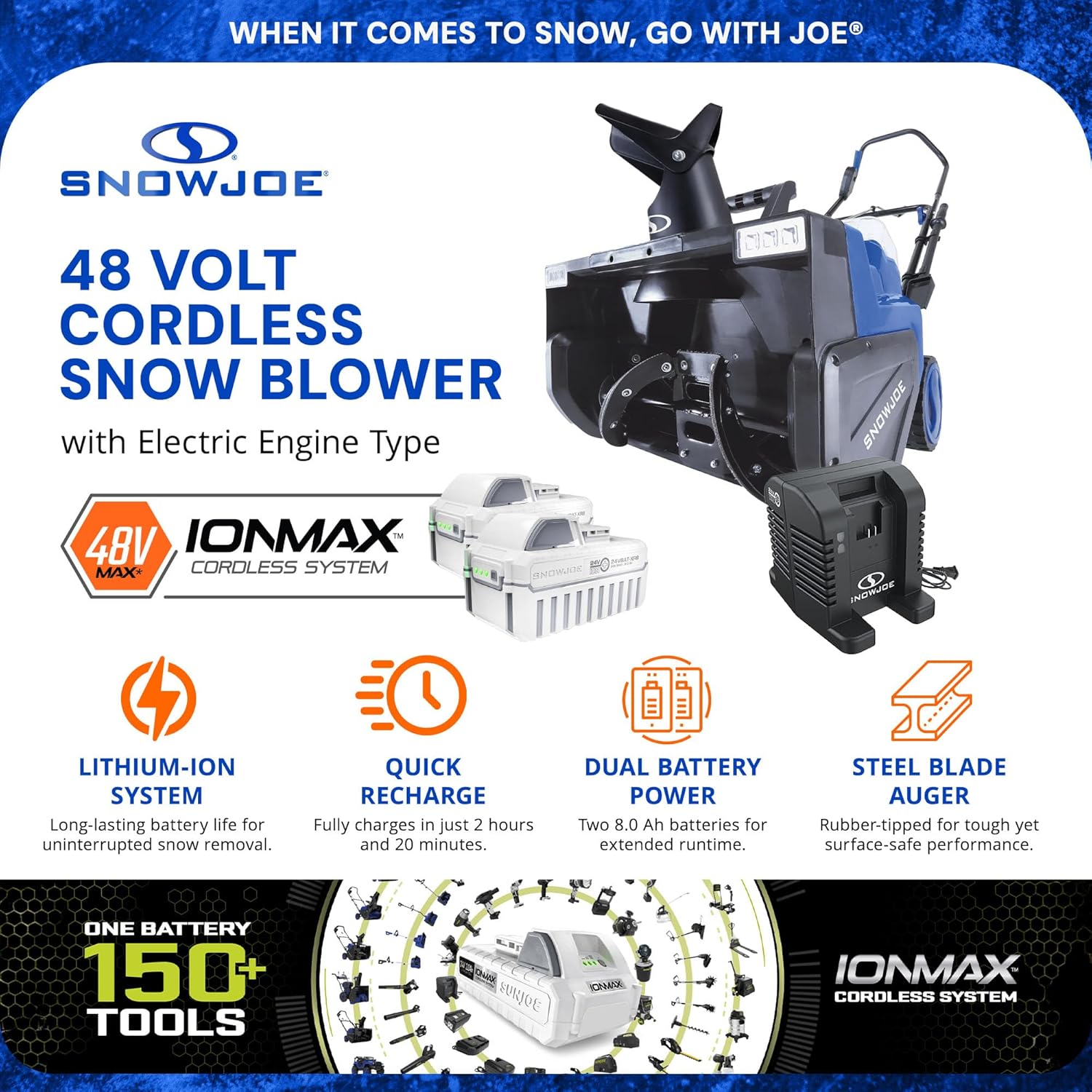 Snow Joe 48V Cordless Snow Blower Kit with 2X 8Ah Batteries  Dual-Port Charger & LED Headlights  1600W Brushless Motor  22 Clearing Path - Ice Removal for Driveways  Patios & Sidewalks  24V-X2-SB22