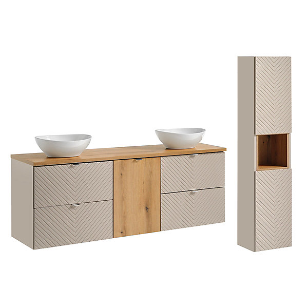 Ensemble meuble double vasque 160cm 4 tiroirs panier à linge et colonne Manoa Cachemire et Bois