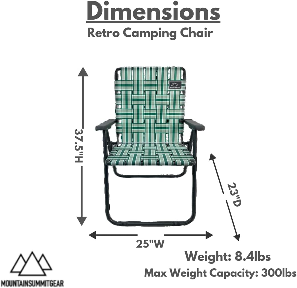 MOUNTAIN SUMMIT GEAR Retro Webbed Camping Chair - Lightweight, Foldable, Durable Steel Frame, 300lb Capacity, Vintage Stripes by Caddis Sports (1, Sage Green)