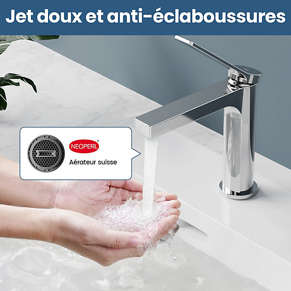 EMKE Robinet de salle de bain chromé, Mitigeur lavabo 19.5x17.3 cm, cartouche céramique laiton, aérateur facile