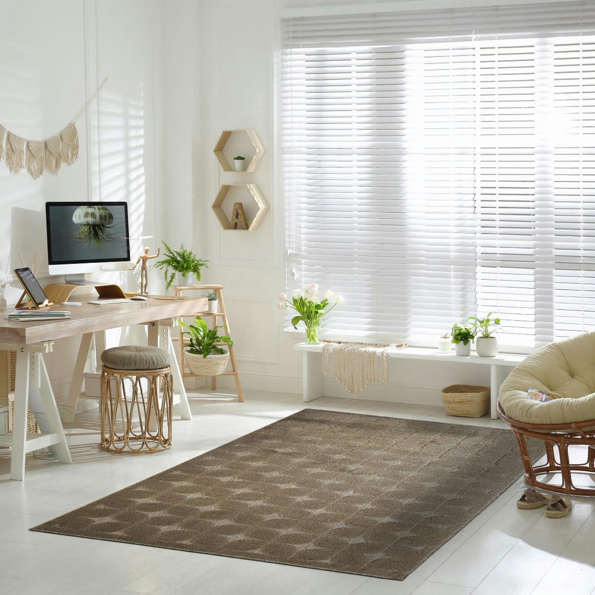 NEW - Tapis extérieur et intérieur motif fifties en relief beige 160x220