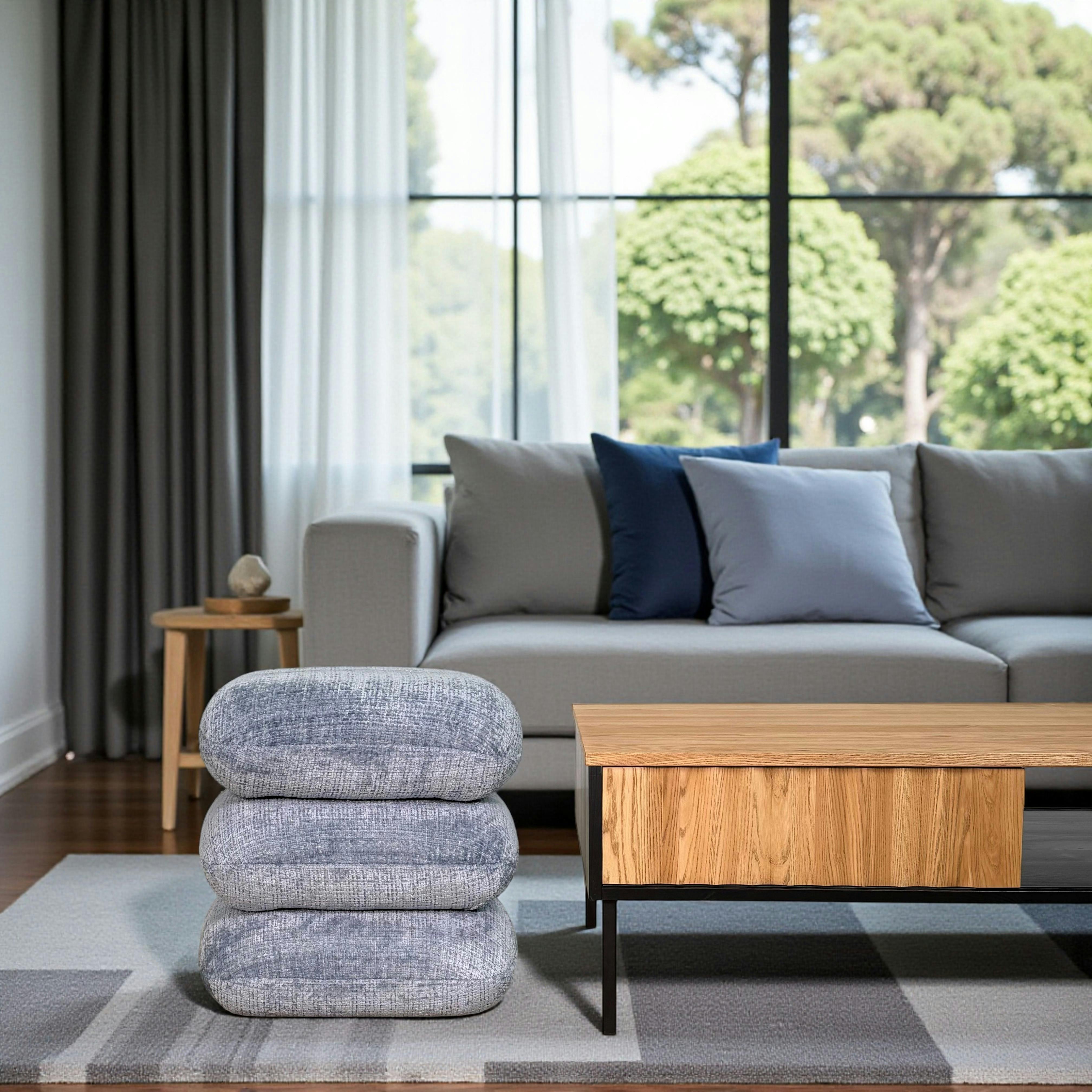 Pouf pivotant gris bleu effet coussins empilés IENA