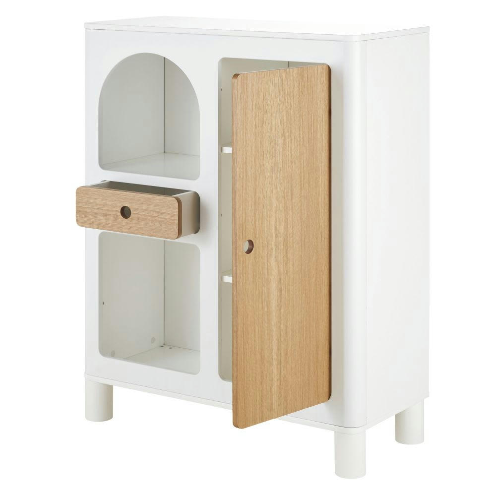 Circee - Cabinet de rangement 1 porte 1 tiroir 2 niches écru et marron