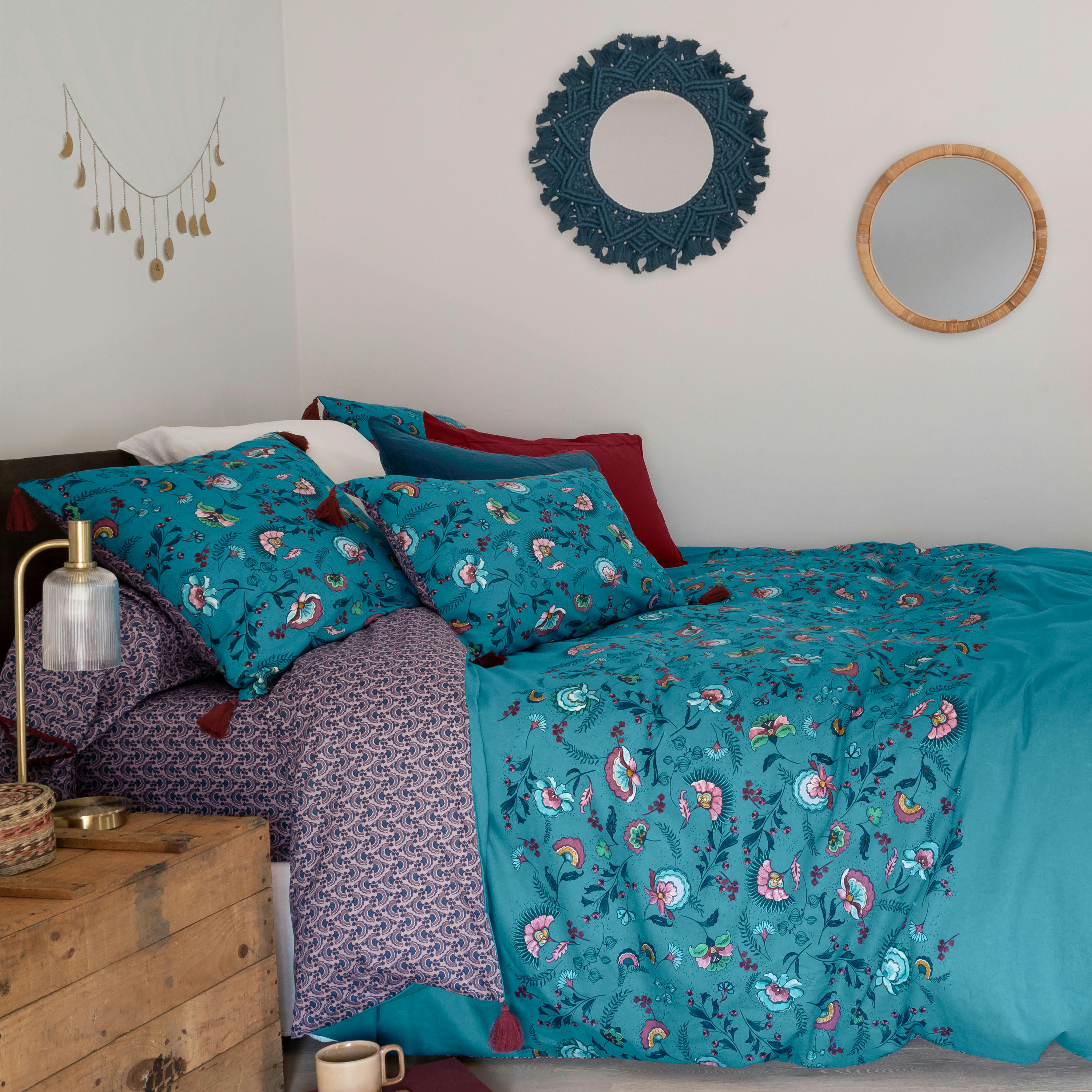 BOMBAY - Housse de couette réversible coton et lin imprimé bleu 240 x 220 cm