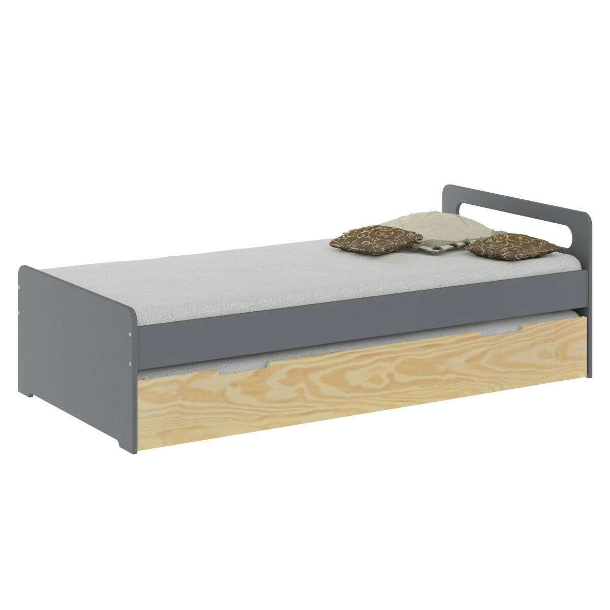 LOUNA - Pack Lit gigogne avec 2 matelas 90x190 cm bois massif gris et bois