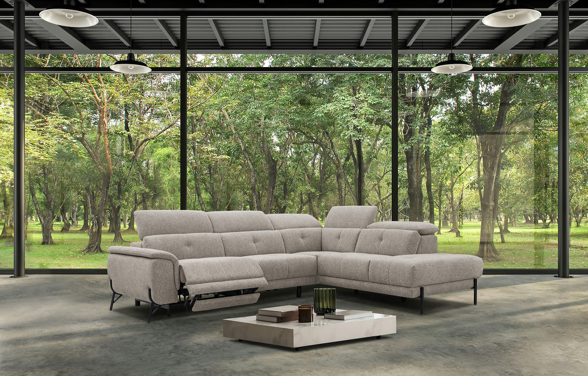 AVENA - Canapé d'angle droit 5 places avec une relax électrique tissu taupe