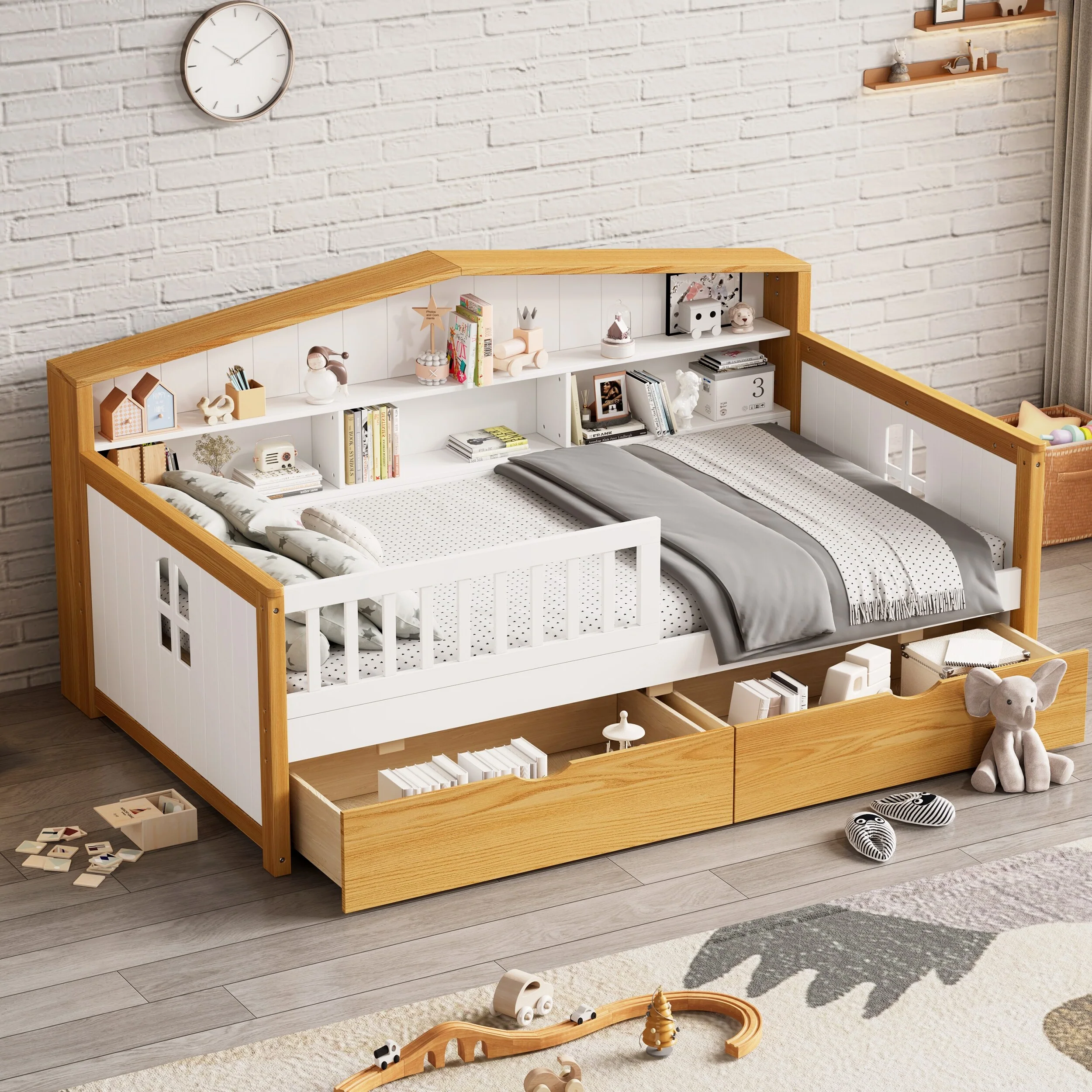 Twin Size House Bed with Two Drawers and Bookcase for Boys and Girls