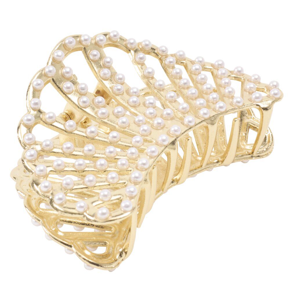 Pince cheveux forme coquillage avec perles métal doré L6cm